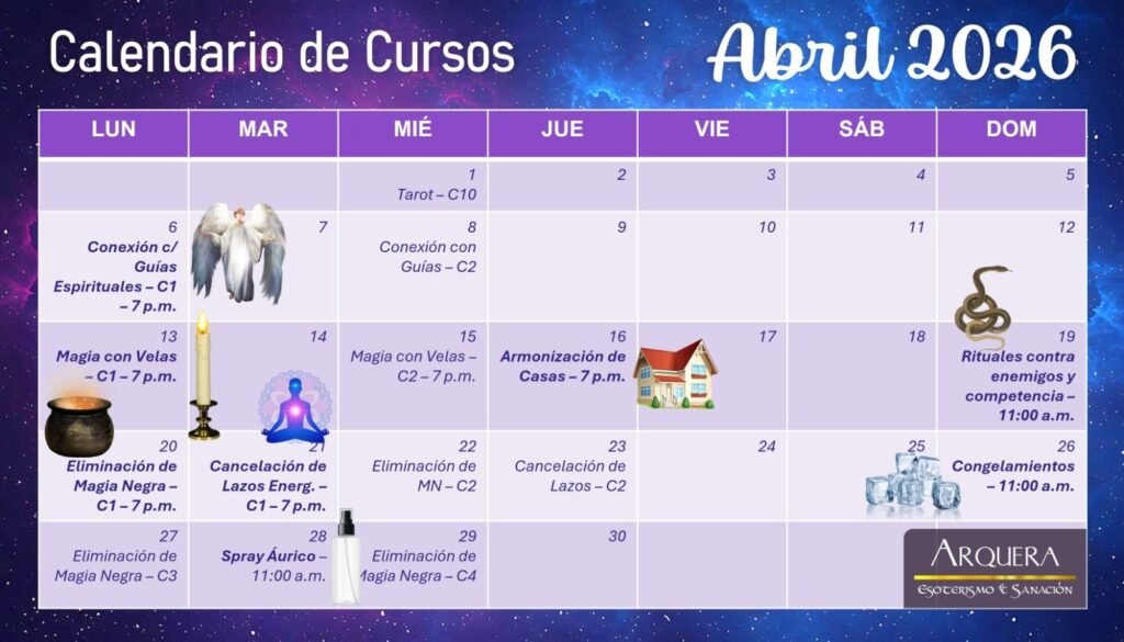 Calendario Abril 2026 Arquera EyS Calendario de cursos de magia de Abril Arquera EyS